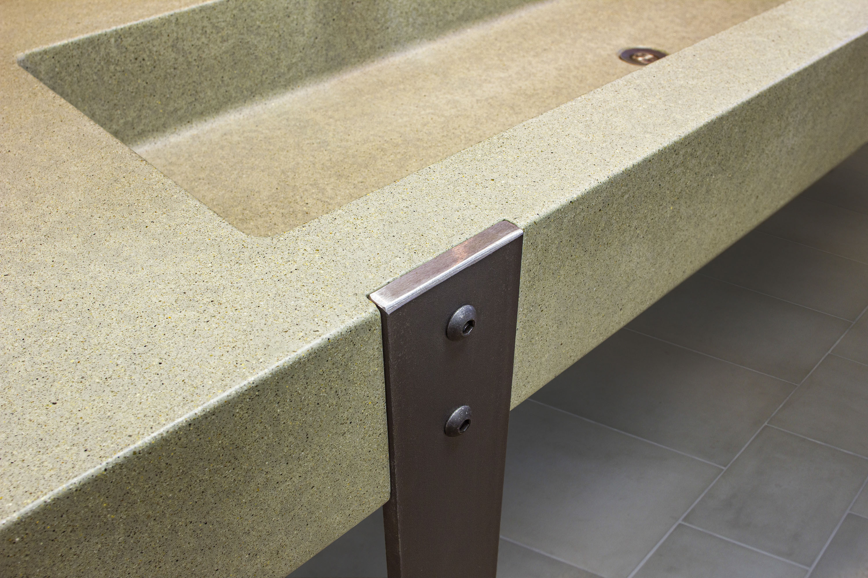 'Iron Lady' Concrete TroughSink, N637 Stone, Faucets from Sonoma Forge