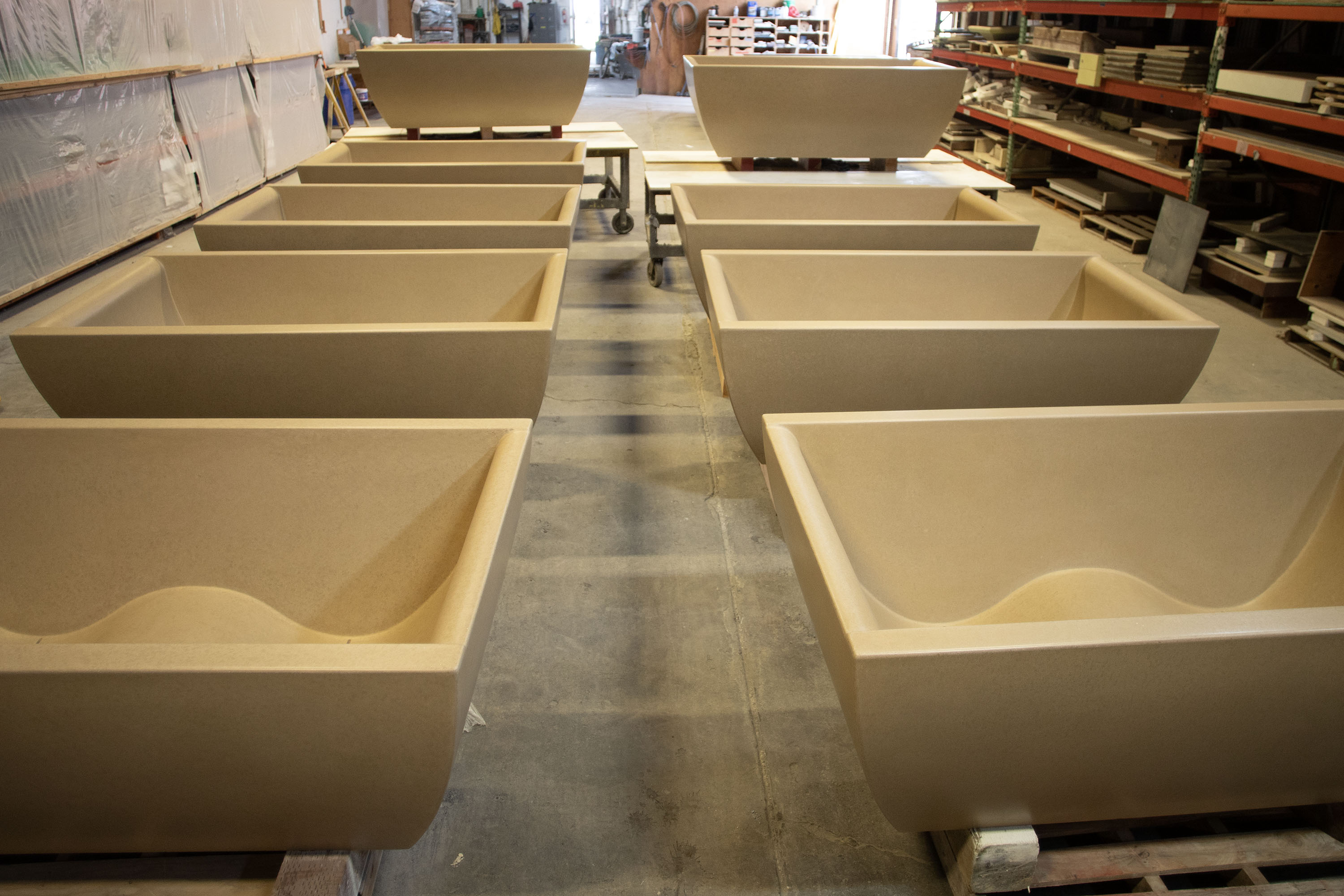 Nine Matching DoubleWave Classic Concrete Soaking Tubs, C611 Buckskin, for Lodge Sonoma, Sonoma CA