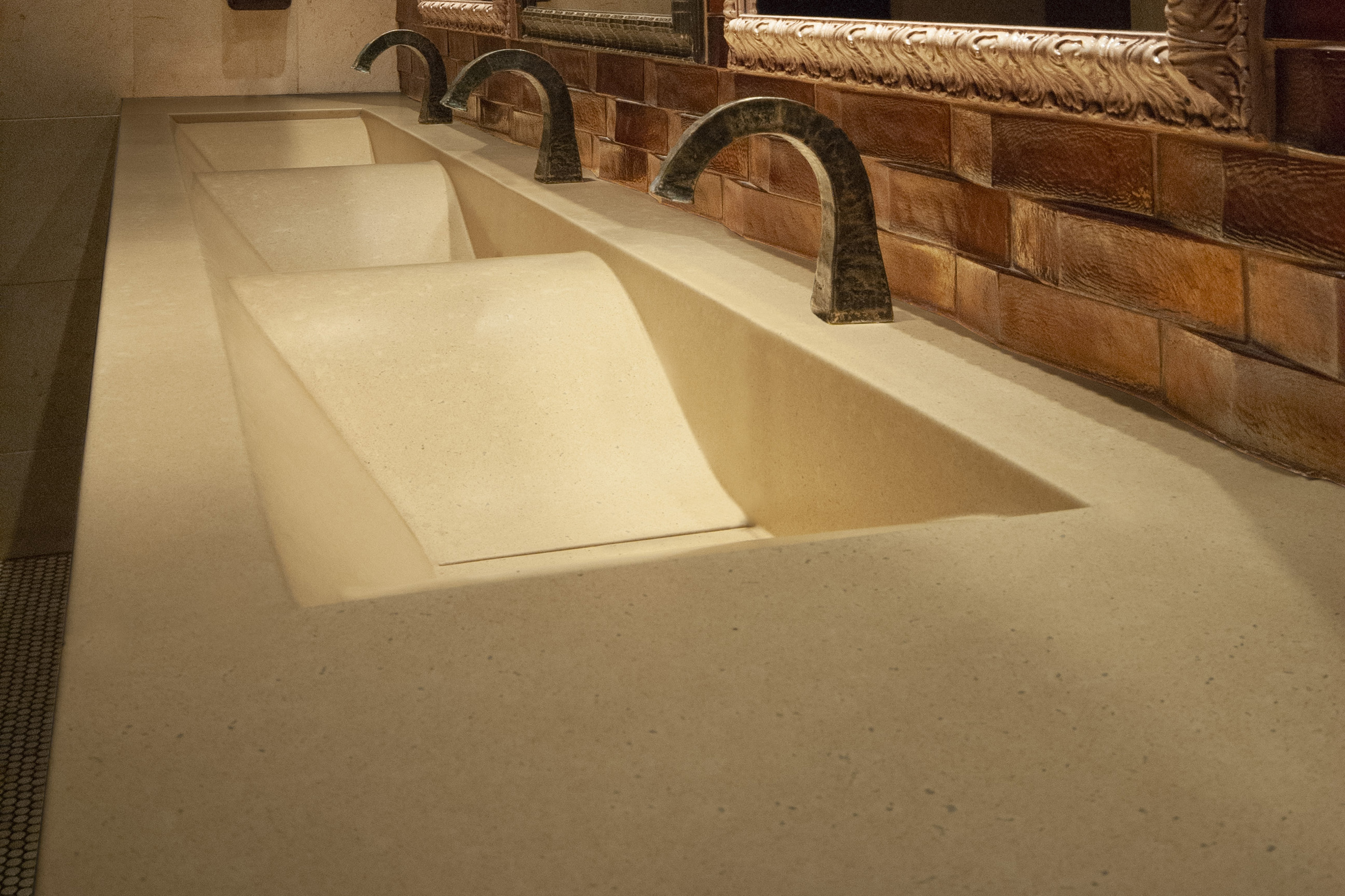 Concrete WaveSink, N624 Pistachio, Ghost Ranch Saloon, Boulder CO, SansHands Faucets by Sonoma Forge