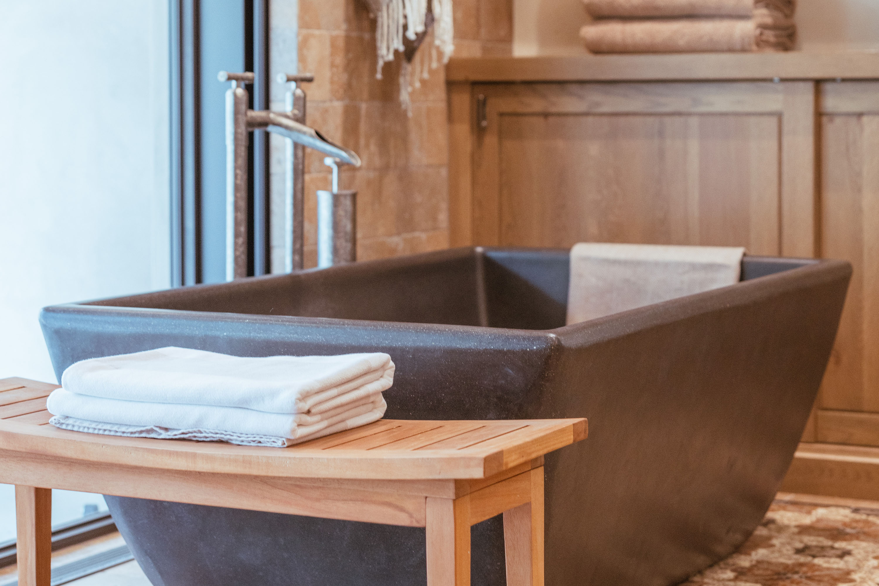 Indulge Classic Concrete Soaking Tub, C640 Mink, With Sonoma Forge Tub-Filler, Built by Howell & Co, Photo by Ella Kate Co.